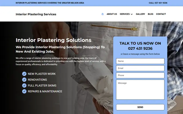 Interior Plastering Solutions website home page - Plastering, Nelson
