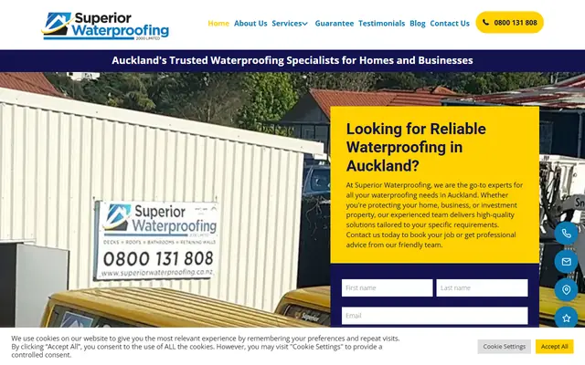 Superior Waterproofing website home page - Waterproofing, Auckland